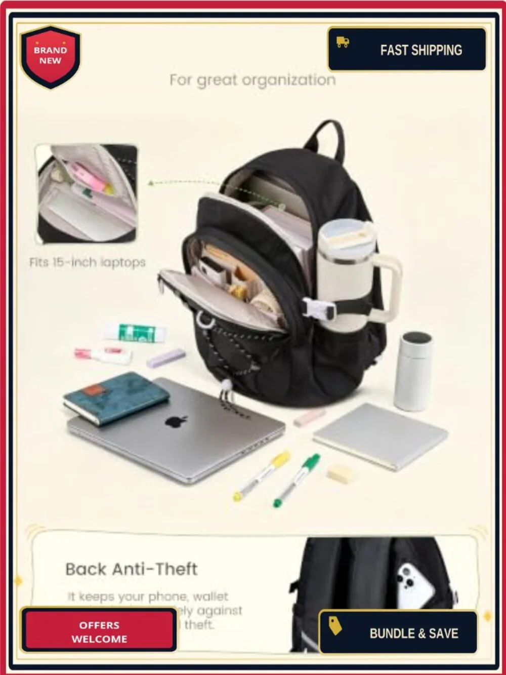 Waterproof School Backpack for Teen Girls with Chest Strap, Fits 15.6